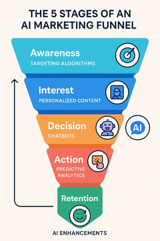 AI Marketing Funnel: Your 2025 Blueprint to Skyrocketing Sales with Smarter Customer Journeys Infographic illustrating the five stages of an AI marketing funnel: awareness, interest, decision, action, and retention with AI enhancements like targeting and personalization