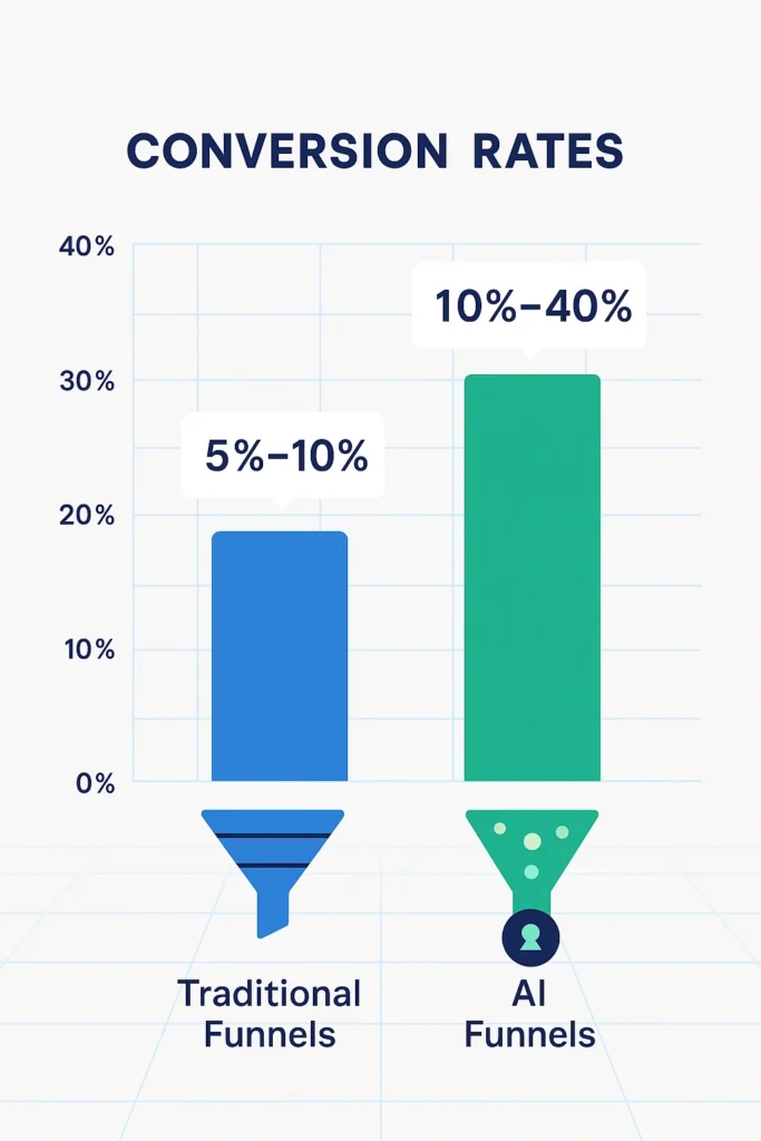 AI Marketing Funnel: Your 2025 Blueprint to Skyrocketing Sales with Smarter Customer Journeys Bar chart comparing conversion rates between traditional marketing funnels (5-10%) and AI marketing funnels (10-40%) with funnel icons