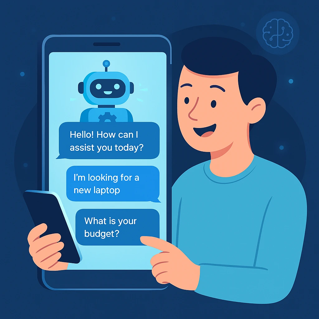 AI Marketing Funnel: Your 2025 Blueprint to Skyrocketing Sales with Smarter Customer Journeys Friendly AI chatbot helping customer choose a product on a clean website interface with glowing message bubbles and happy user
