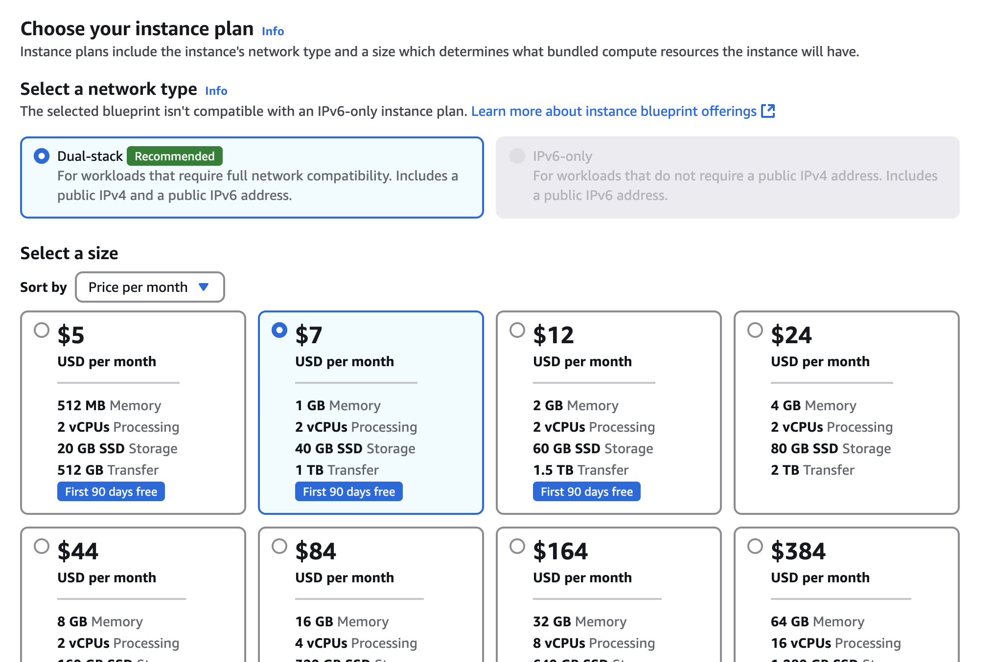 How to Build an SEO-Optimized WordPress Blog AWS Lightsail Pick a Plan Screenshot