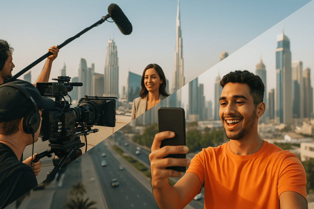 Cinematic Ads vs. Viral Content: What’s the Real Winner in 2025 Brand Storytelling? Cinematic ad production vs. viral video creation with Dubai skyline in 2025