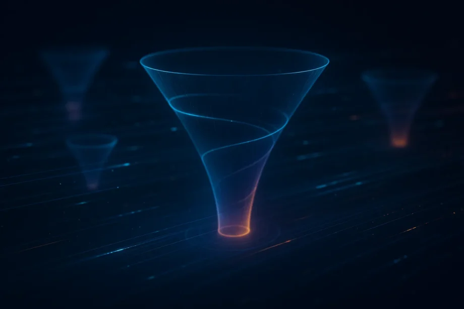 Futuristic 3D illustration of a high-ROAS funnel glowing against a dark tech-inspired background, symbolizing digital performance marketing in 2025