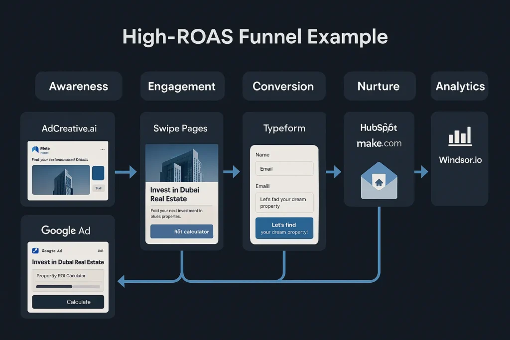 How to Build a High-ROAS Funnel with AI Tools in 2025: Skyrocketing Conversions Flowchart of a high-ROAS real estate marketing funnel for Dubai using AI tools like AdCreative.ai, Swipe Pages, Typeform, HubSpot, and Windsor.io across awareness, engagement, conversion, nurture, and analytics stages