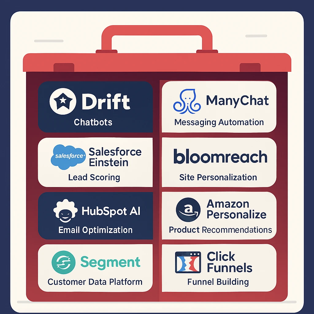 AI Marketing Funnel: Your 2025 Blueprint to Skyrocketing Sales with Smarter Customer Journeys Infographic showing a toolbox of top AI marketing tools including Drift, ManyChat, Salesforce Einstein, HubSpot AI, ClickFunnels, and Segment