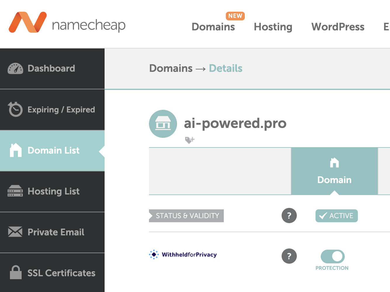 How to Build an SEO-Optimized WordPress Blog Namecheap Domain Dashboard Screenshot