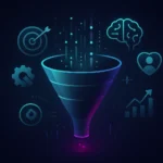 Dark-themed digital illustration of an AI-powered marketing funnel with data streams, glowing icons, and abstract analytics background