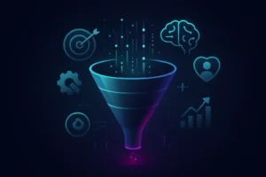 AI Marketing Funnel: Your 2025 Blueprint to Skyrocketing Sales with Smarter Customer Journeys Dark-themed digital illustration of an AI-powered marketing funnel with data streams, glowing icons, and abstract analytics background