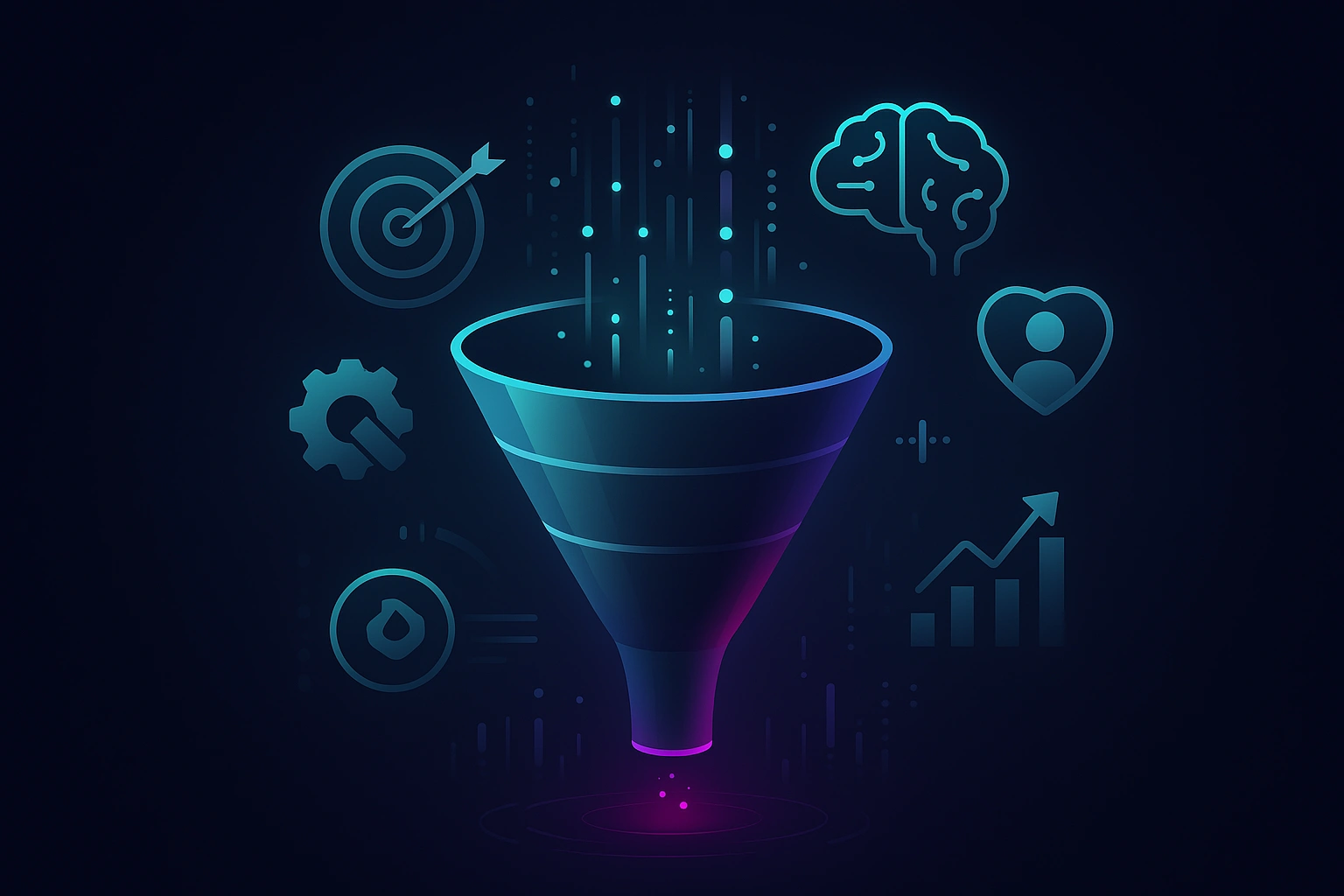 AI Marketing Funnel: Your 2025 Blueprint to Skyrocketing Sales with Smarter Customer Journeys Dark-themed digital illustration of an AI-powered marketing funnel with data streams, glowing icons, and abstract analytics background