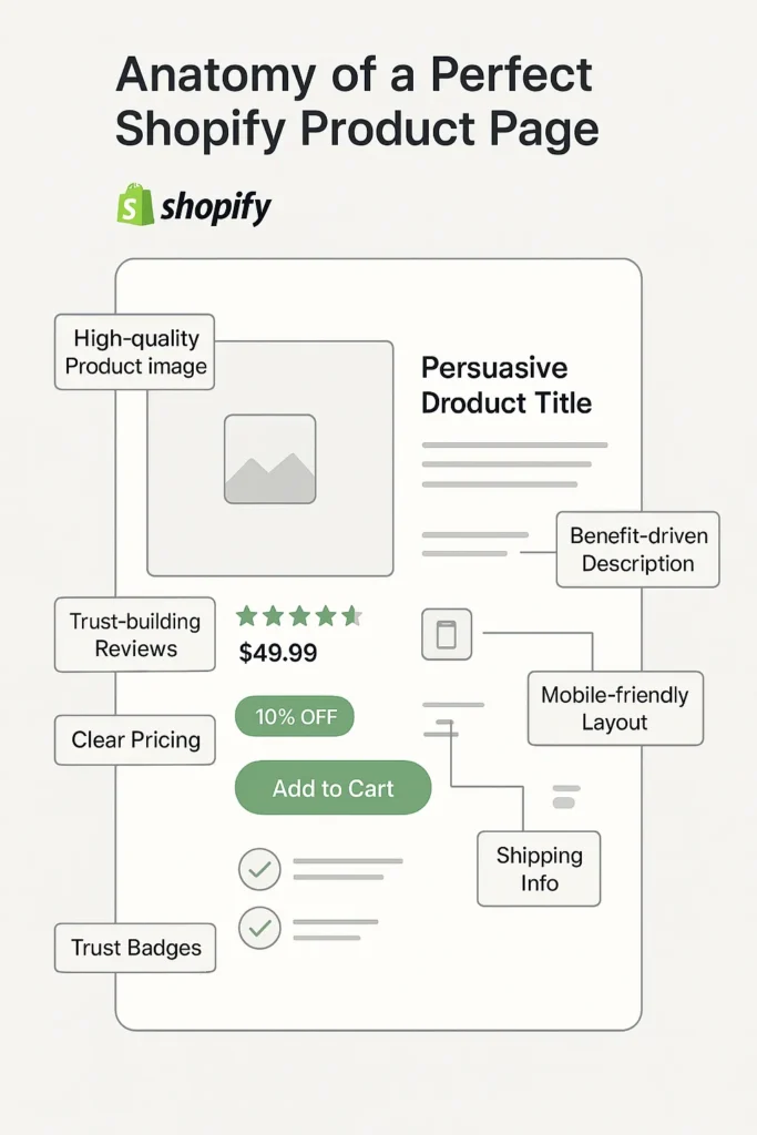 Shopify Review 2025: The Ultimate Guide for Small Businesses and Beginners Infographic showing the ideal Shopify product page layout with labeled sections like product image, reviews, pricing, and call-to-action button