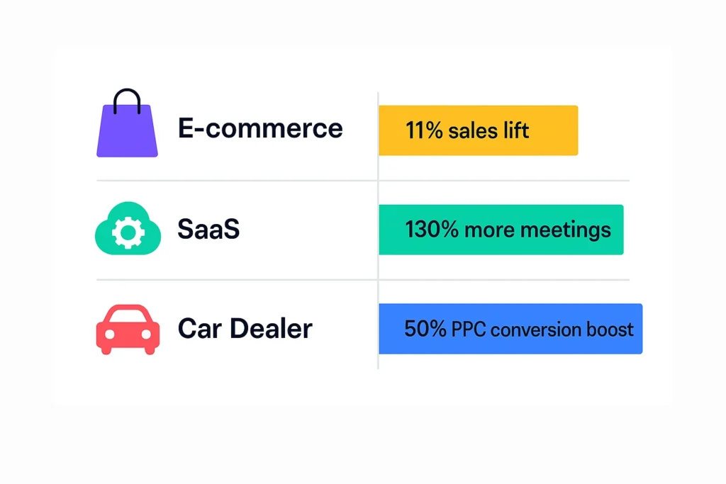 AI Marketing Funnel: Your 2025 Blueprint to Skyrocketing Sales with Smarter Customer Journeys Comparative chart showing AI marketing funnel results for e-commerce (11% sales lift), SaaS (130% more meetings), and car dealership (50% conversion boost)