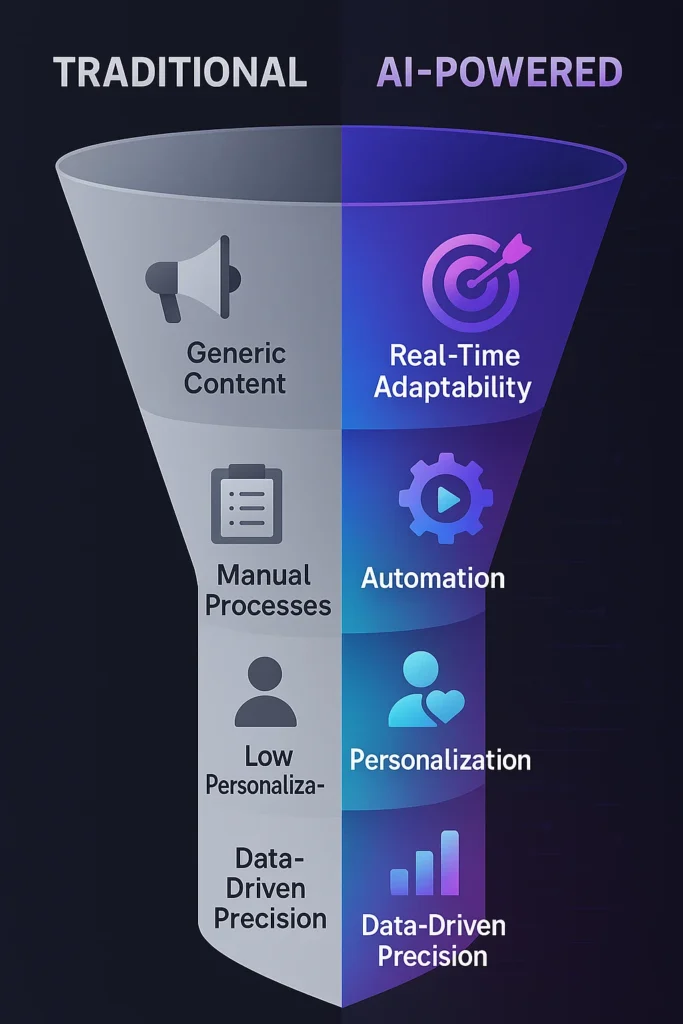 AI Marketing Funnel: Your 2025 Blueprint to Skyrocketing Sales with Smarter Customer Journeys Split infographic comparing traditional and AI-powered marketing funnels with icons for automation, personalization, and real-time targeting