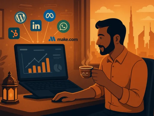 Content Automation for Small Business: 8 Steps to Streamline Your Blog Workflow in Dubai Small business owner in Dubai using content automation tools with social media dashboards and traditional elements - Content Automation for Small Business
