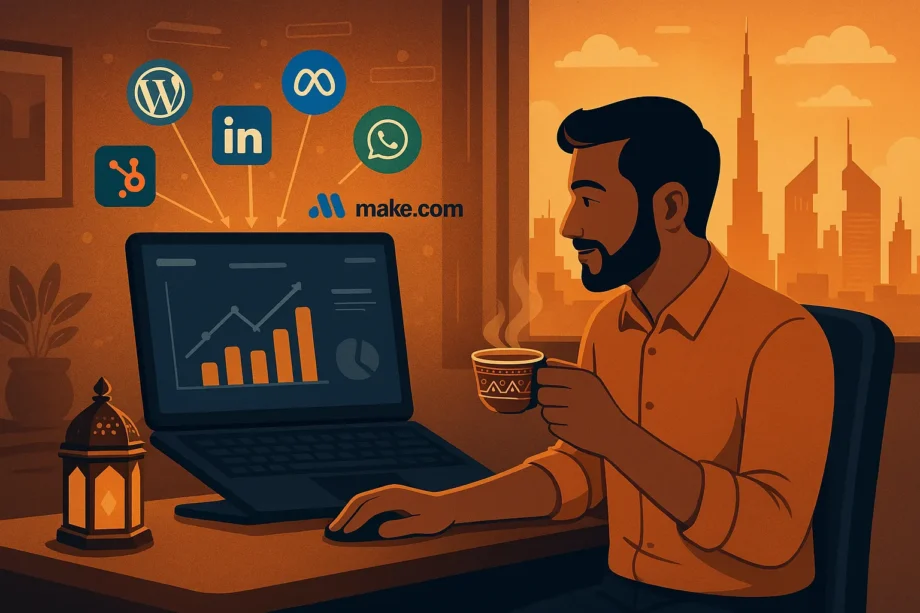 Small business owner in Dubai using content automation tools with social media dashboards and traditional elements - Content Automation for Small Business