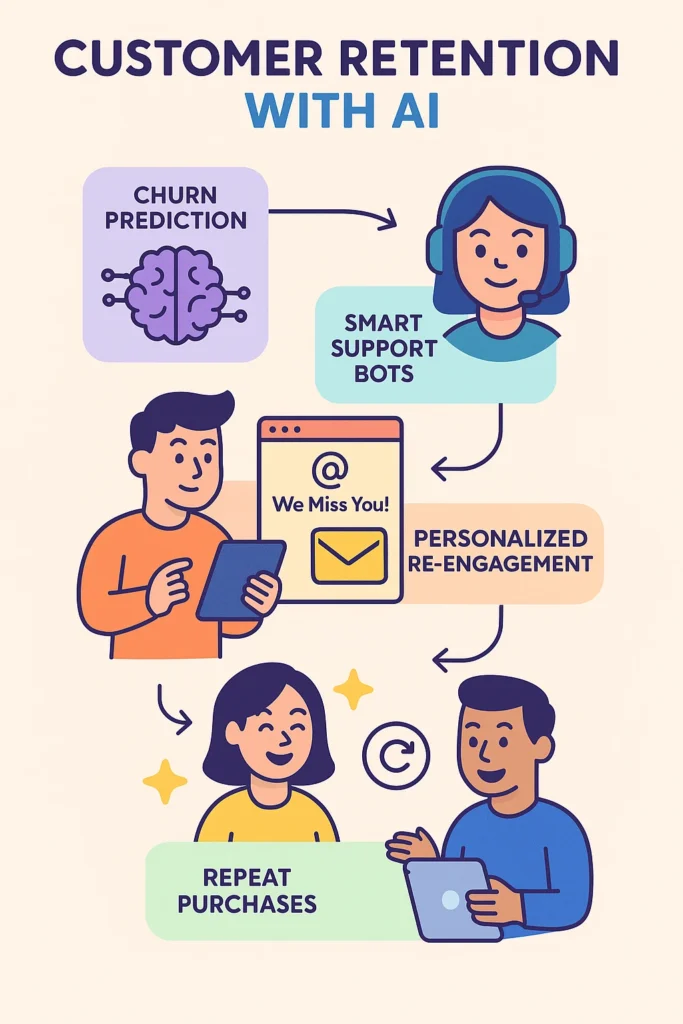 AI Marketing Funnel: Your 2025 Blueprint to Skyrocketing Sales with Smarter Customer Journeys Infographic showing customer retention powered by AI with churn prediction, re-engagement emails, and smart support bots in a flow layout
