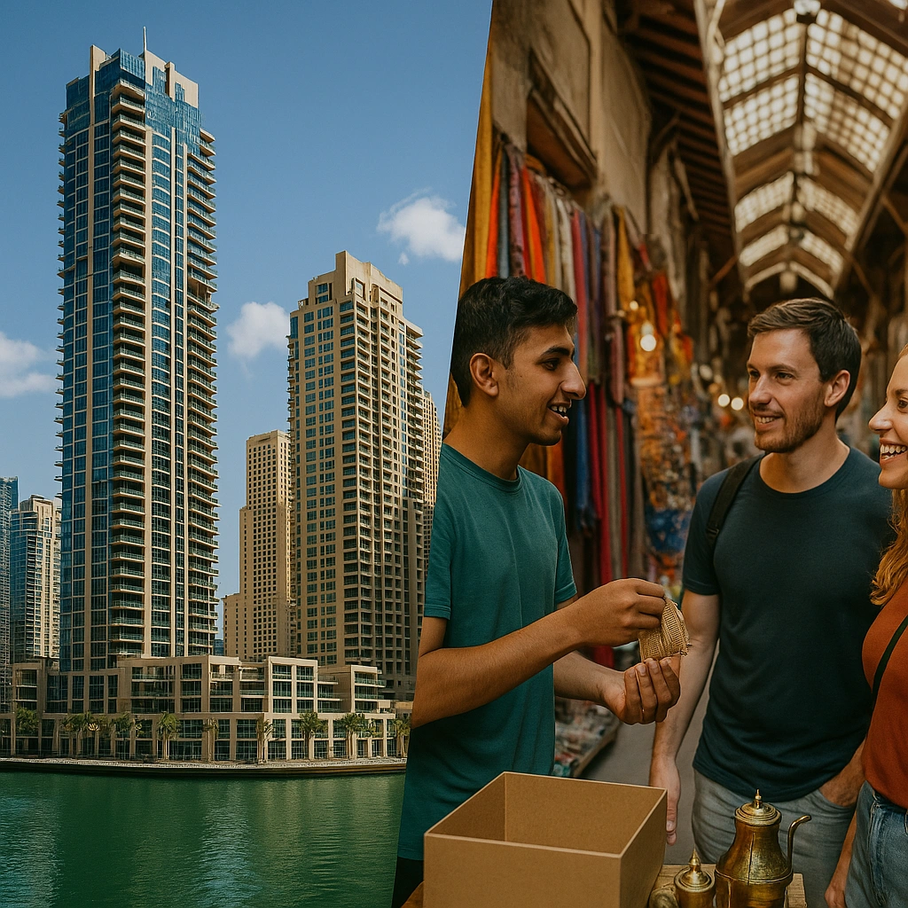 Cinematic Ads vs. Viral Content: What’s the Real Winner in 2025 Brand Storytelling? Contrast between cinematic Dubai real estate ad and viral souk content