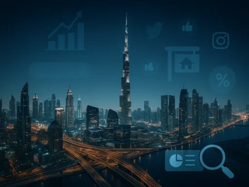 Futuristic Dubai skyline in 2025 with digital marketing elements symbolizing real estate lead generation success