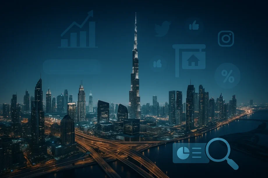 Futuristic Dubai skyline in 2025 with digital marketing elements symbolizing real estate lead generation success