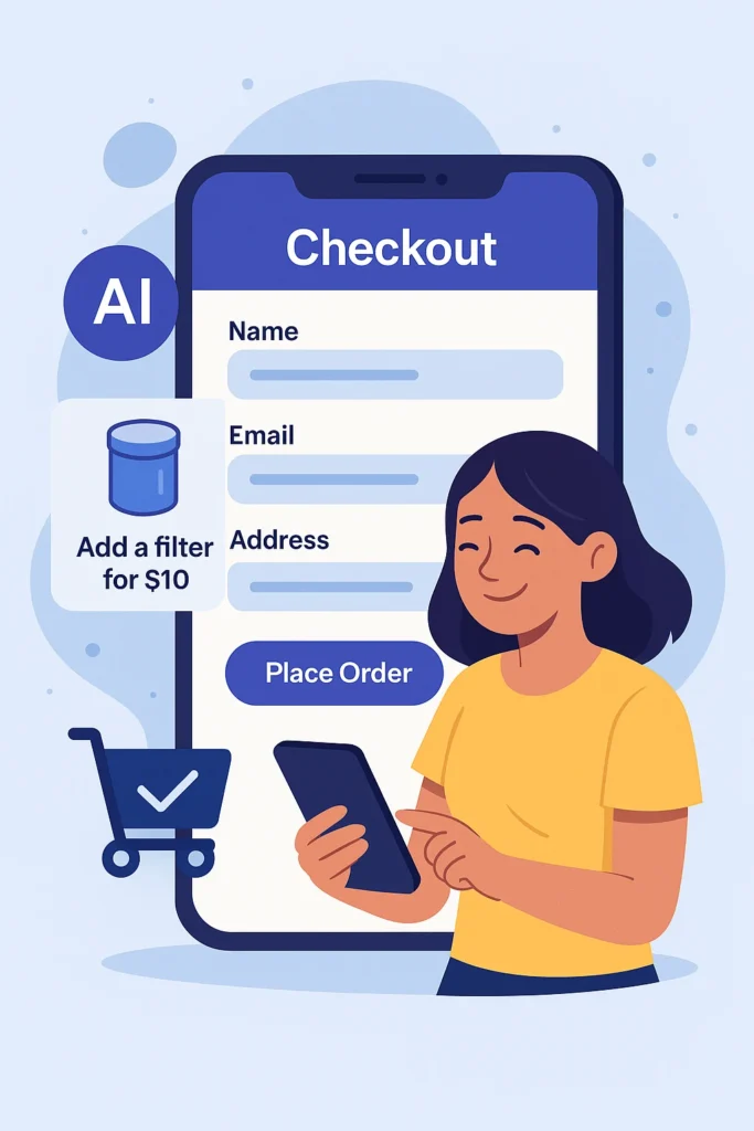 AI Marketing Funnel: Your 2025 Blueprint to Skyrocketing Sales with Smarter Customer Journeys AI-enhanced e-commerce checkout with auto-filled forms, dynamic offer to add filter, and customer completing purchase