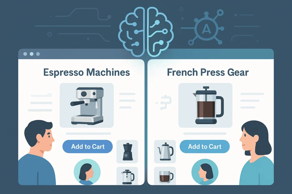 AI Marketing Funnel: Your 2025 Blueprint to Skyrocketing Sales with Smarter Customer Journeys Split screen image showing AI personalization on an e-commerce website with espresso machine and French press product suggestions