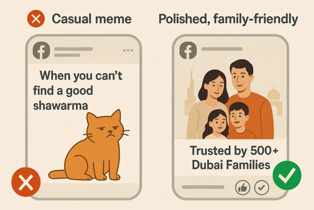 Why Am I Not Getting Leads from Facebook Ads in Dubai? Side-by-side Facebook ad showing what works and what fails in Dubai culture