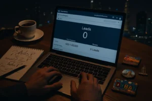 Why Am I Not Getting Leads from Facebook Ads in Dubai? Person analyzing failed Facebook Ads campaign in Dubai at night