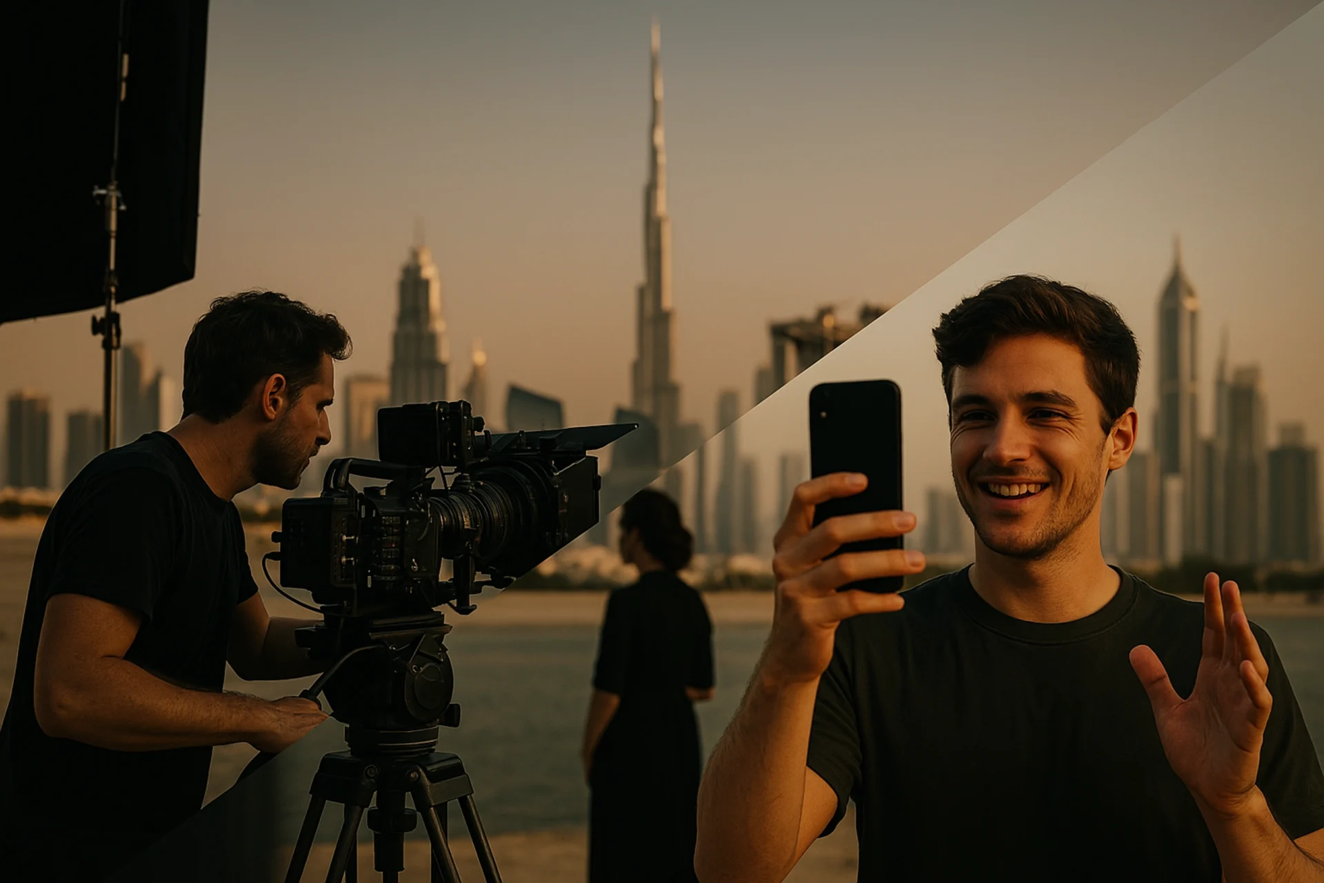 Cinematic Ads vs. Viral Content: What’s the Real Winner in 2025 Brand Storytelling? Cinematic ad production vs. viral video creation with Dubai skyline in 2025