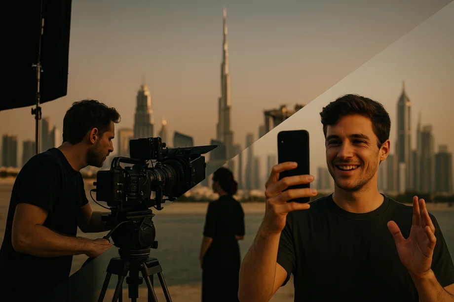 Cinematic ad production vs. viral video creation with Dubai skyline in 2025