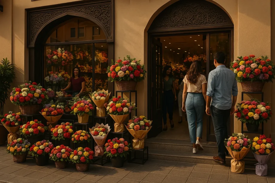 Welcoming Dubai flower shop storefront with vibrant floral displays and happy customers - How to Attract Customers to Flower Shop Dubai