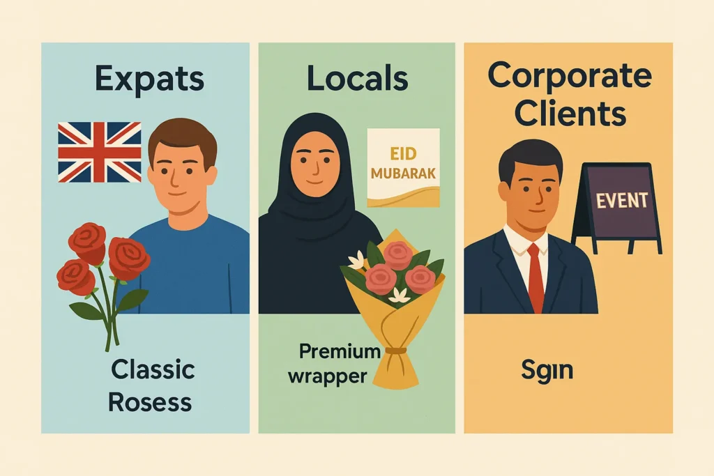 How to Attract Customers to Flower Shop Dubai: 15 Proven Steps to Boost Walk-Ins Infographic depicting flower shop customer personas in Dubai: expats, locals, and corporate clients
