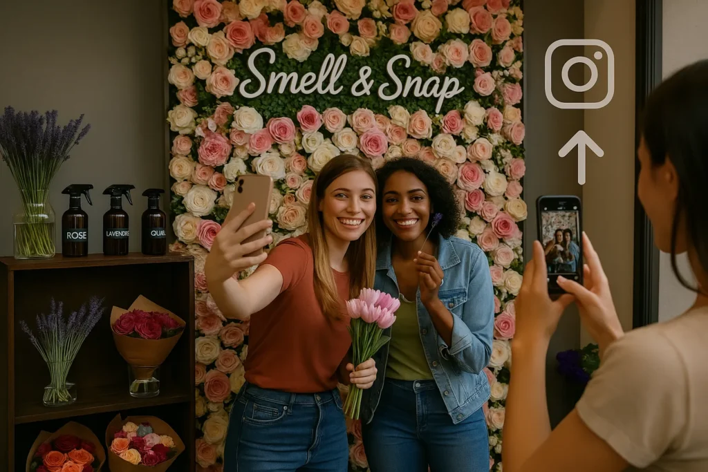 How to Attract Customers to Flower Shop Dubai: 15 Proven Steps to Boost Walk-Ins Flower shop Instagram photo booth with customers taking selfies for #SmellAndSnap campaign