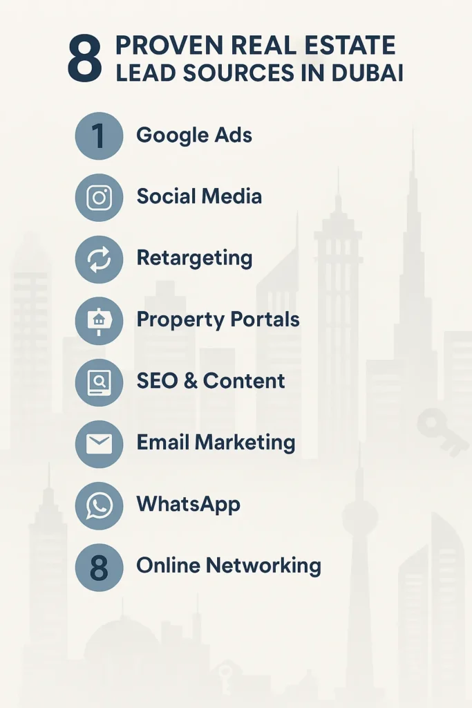 Real Estate Lead Generation in Dubai: The Ultimate Guide to Winning Big Online in 2025 Clean vertical infographic showing 8 proven digital sources for real estate leads in Dubai for 2025