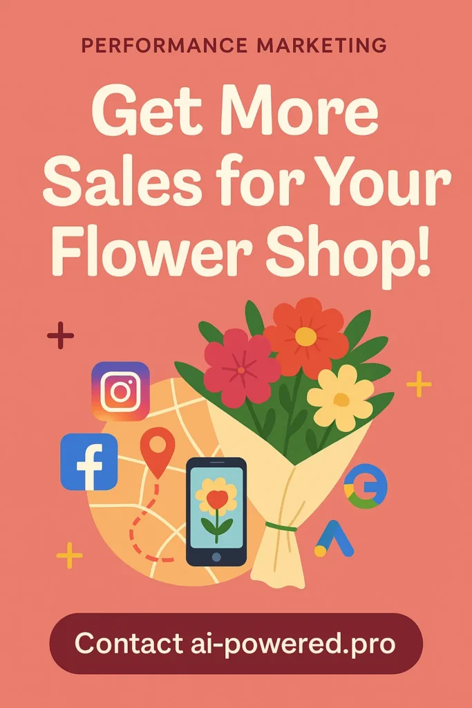 How to Attract Customers to Flower Shop Dubai: 15 Proven Steps to Boost Walk-Ins Creative ad poster promoting performance marketing services for flower shops by AI-Powered.pro