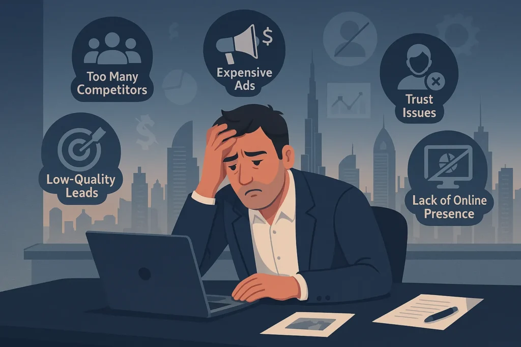 Real Estate Lead Generation in Dubai: The Ultimate Guide to Winning Big Online in 2025 Frustrated real estate agent surrounded by visual icons of common challenges in Dubai’s competitive property market