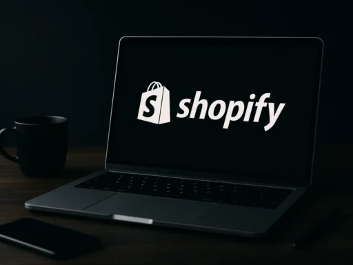 Shopify Review 2025 featured image showing a dark-themed workspace with a MacBook displaying the Shopify logo