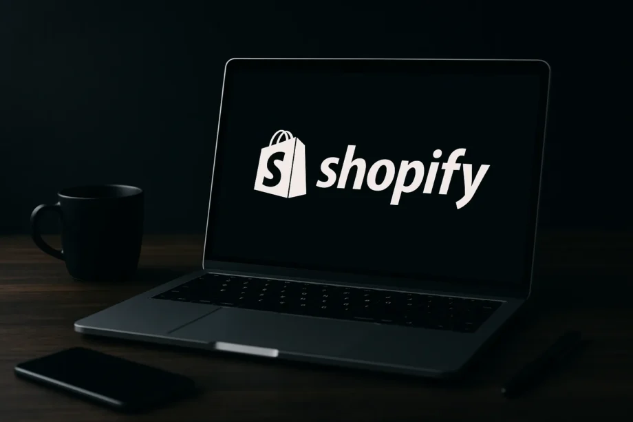 Shopify Review 2025 featured image showing a dark-themed workspace with a MacBook displaying the Shopify logo