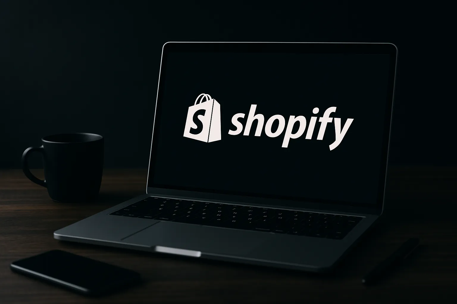 Shopify Review 2025: The Ultimate Guide for Small Businesses and Beginners Shopify Review 2025 featured image showing a dark-themed workspace with a MacBook displaying the Shopify logo