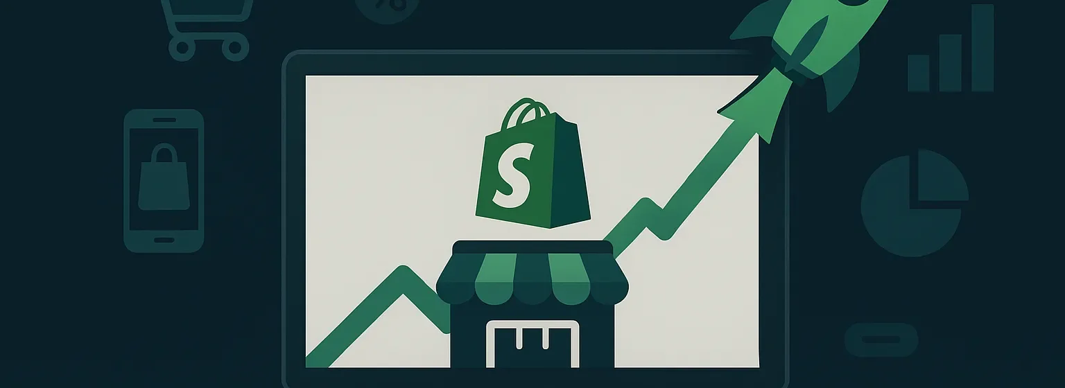 Illustration of a Shopify store with rocket launch and analytics icons symbolizing ecommerce growth and success