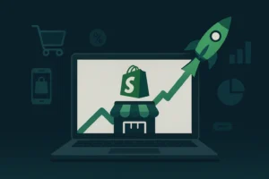 How to Create a Shopify Store That Skyrockets: The 10 Must-Do Steps to Boost Your Shopify Store Illustration of a Shopify store with rocket launch and analytics icons symbolizing ecommerce growth and success
