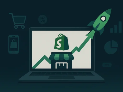 Illustration of a Shopify store with rocket launch and analytics icons symbolizing ecommerce growth and success