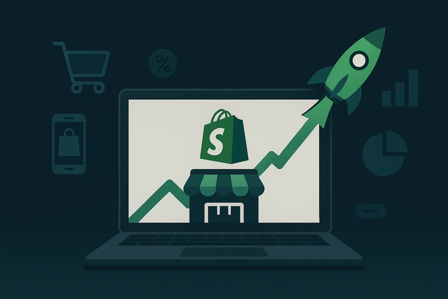 How to Create a Shopify Store That Skyrockets: The 10 Must-Do Steps to Boost Your Shopify Store Illustration of a Shopify store with rocket launch and analytics icons symbolizing ecommerce growth and success