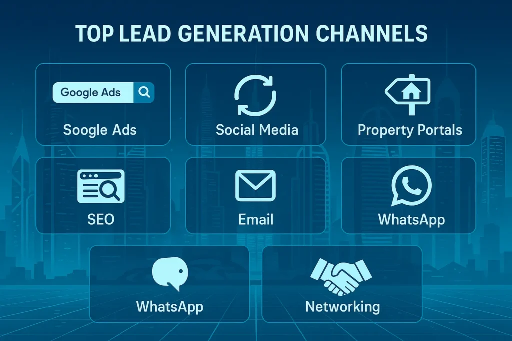 Real Estate Lead Generation in Dubai: The Ultimate Guide to Winning Big Online in 2025 Infographic-style visual showing 8 digital lead generation strategies for real estate agents in Dubai