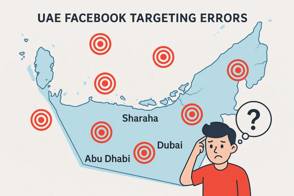 Why Am I Not Getting Leads from Facebook Ads in Dubai? Why Am I Not Getting Leads from Facebook Ads in Dubai? Map of UAE showing poor Facebook ad targeting across cities