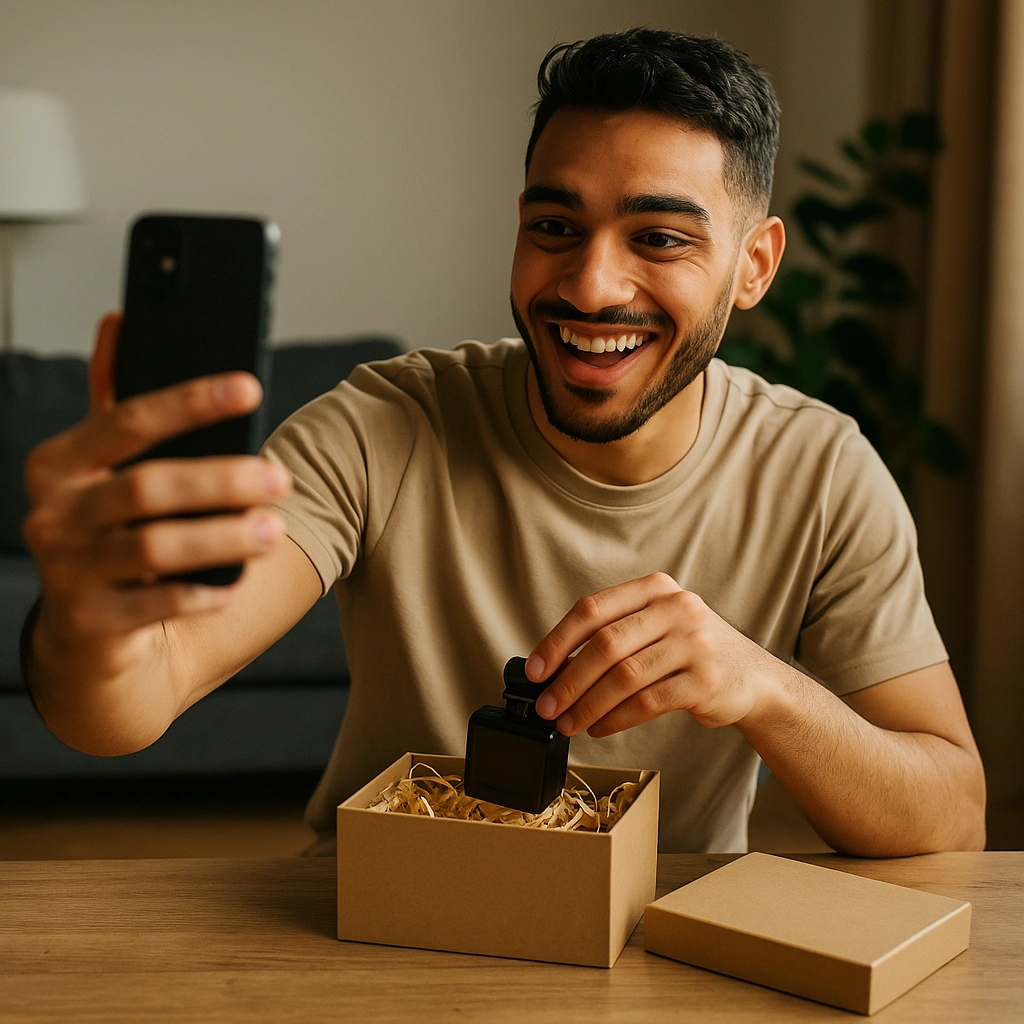 Cinematic Ads vs. Viral Content: What’s the Real Winner in 2025 Brand Storytelling? Dubai creator filming viral content packing oud gift box