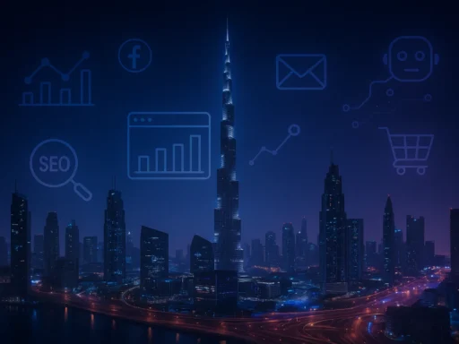Futuristic city showing digital marketing growth in 2025