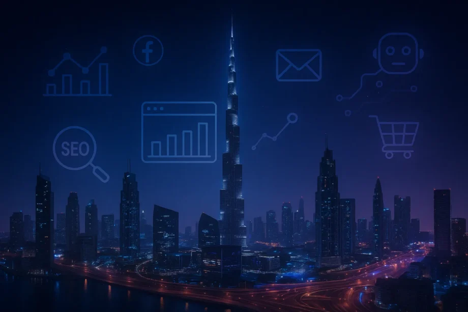Futuristic city showing digital marketing growth in 2025