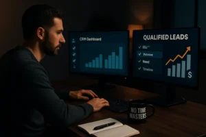 How to Get Qualified Leads Without Wasting Your Time Modern digital workspace with CRM tools and rising lead charts representing qualified leads