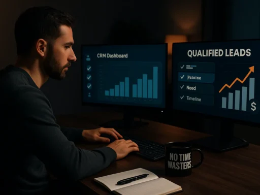 Modern digital workspace with CRM tools and rising lead charts representing qualified leads