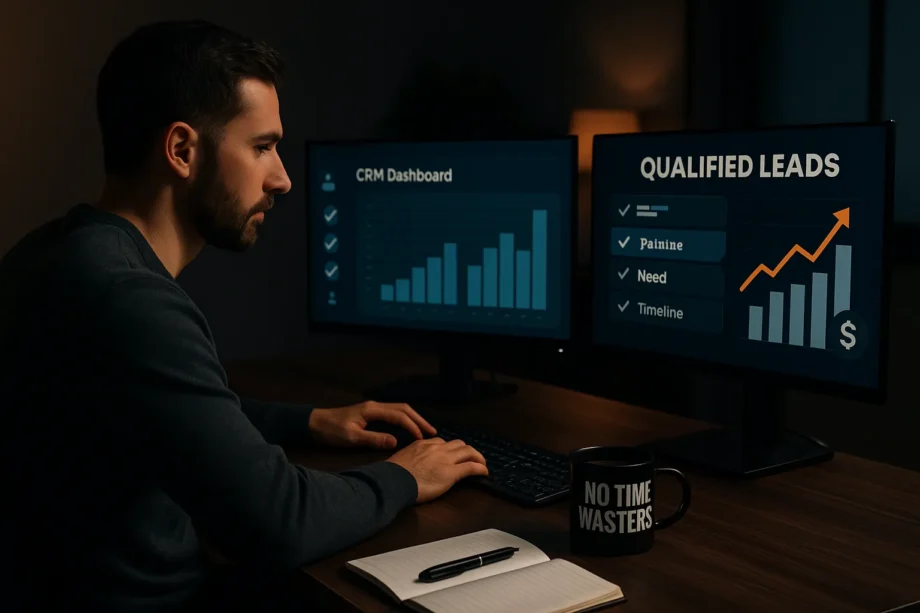 Modern digital workspace with CRM tools and rising lead charts representing qualified leads