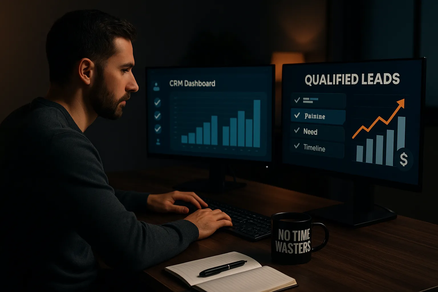 Modern digital workspace with CRM tools and rising lead charts representing qualified leads